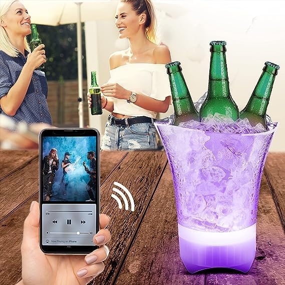 Cubo de Hielo Plegable Portátil con Altavoz Bluetooth y Luces LED para Fiestas