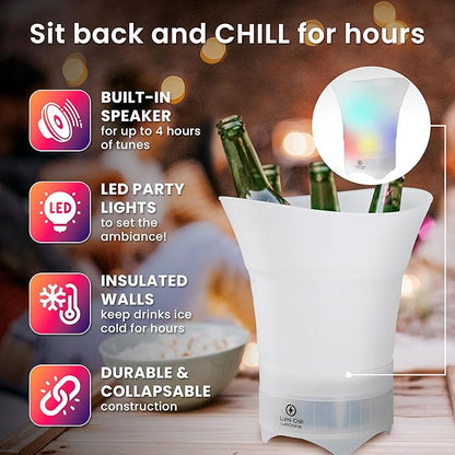 Cubo de Hielo Plegable Portátil con Altavoz Bluetooth y Luces LED para Fiestas